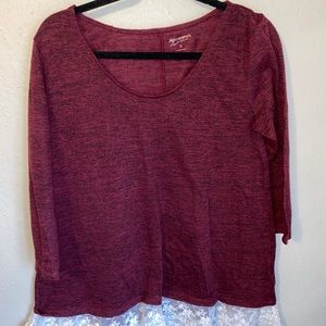 Long sleeve sweater with lace on the bottom.